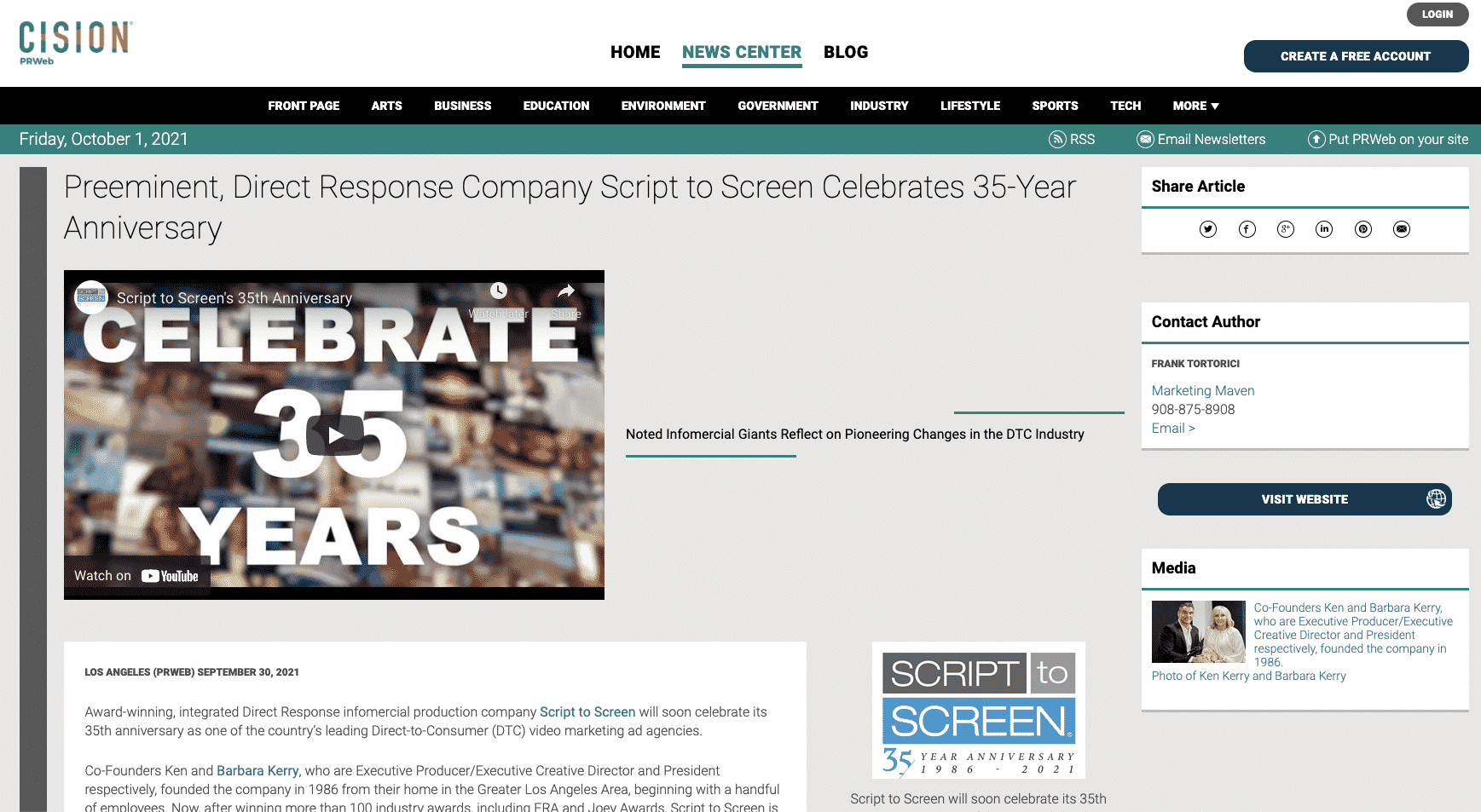 Preeminent, Direct Response Company Script to Screen Celebrates 35-Year Anniversary